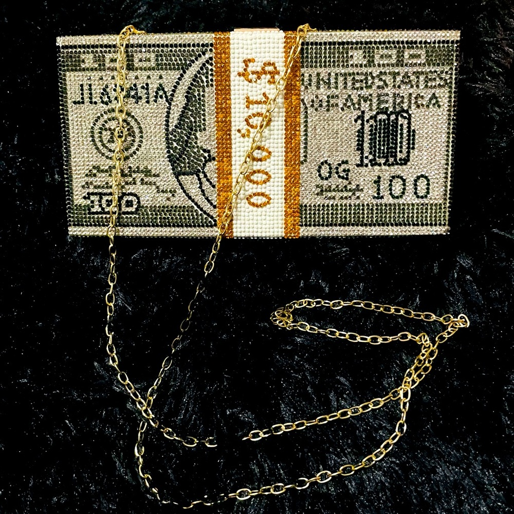 Rhinestone Money Print Clutch